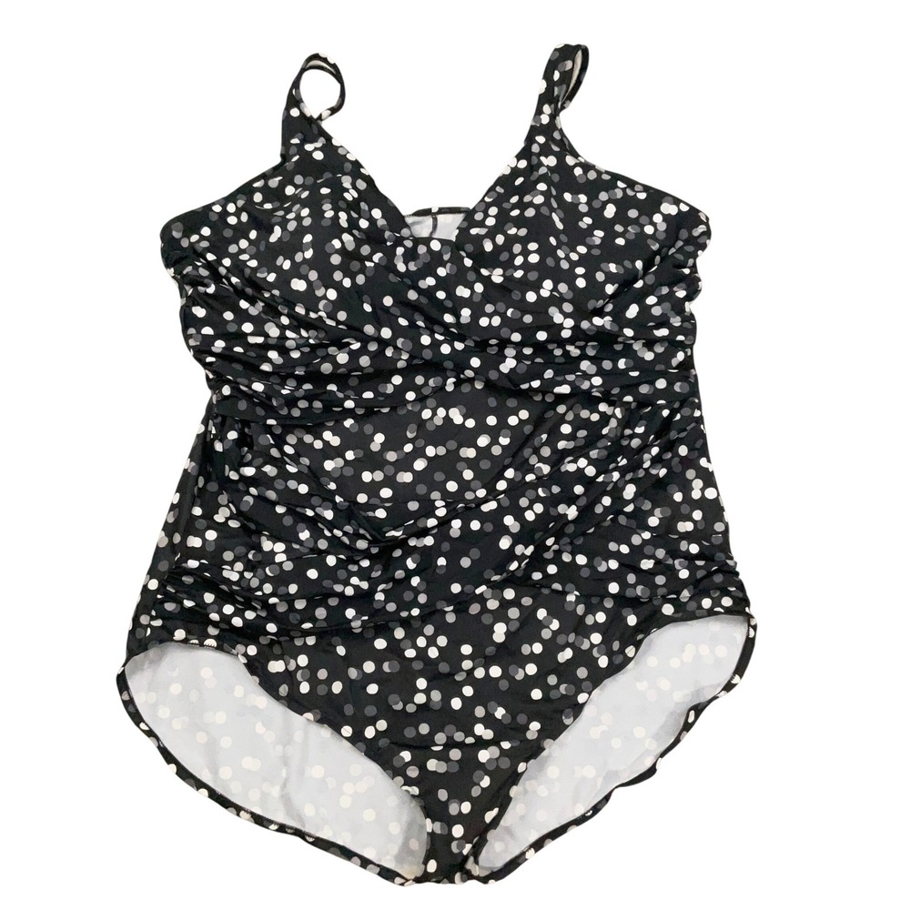 Trimshaper 1 Piece Swimsuit Women 32W Black Polka Dot‎ Monokini Modest Beach